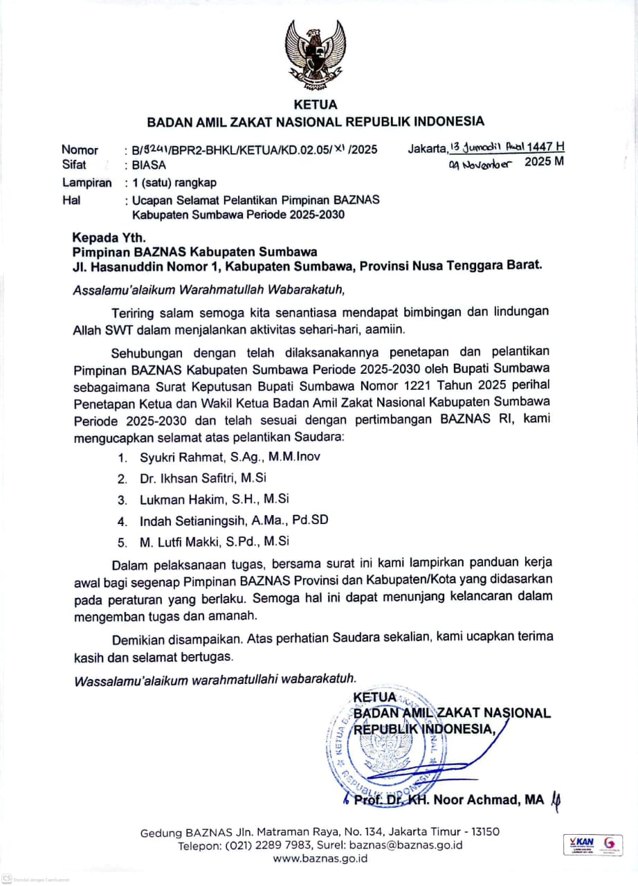 Ucapan Selamat atas Pelantikan Pimpinan BAZNAS Kabupaten Sumbawa Peride 2025-2030 oleh Ketua BAZNAS - (Ada 0 foto)